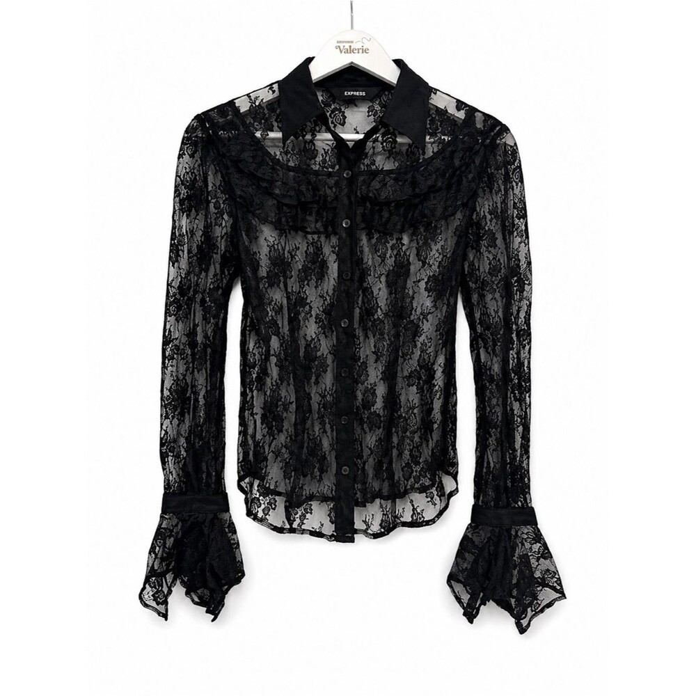Express Black Sheer Lace Ruffle Button Front Blouse Top Size 3/4 Y2k Gothic